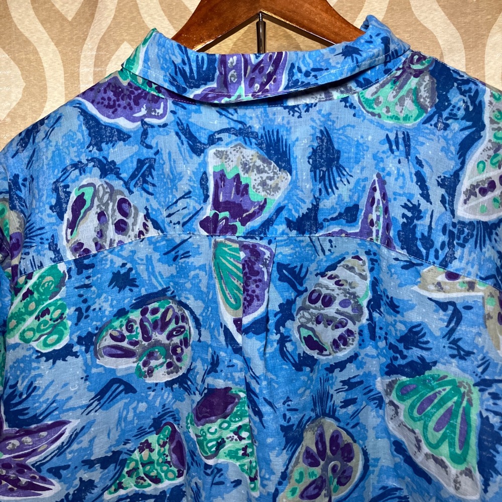 Chaps Mens XXL Swiss Blue Starfish Seashell Linen Cotton Short Sleeve Shirt - Picture 5 of 8